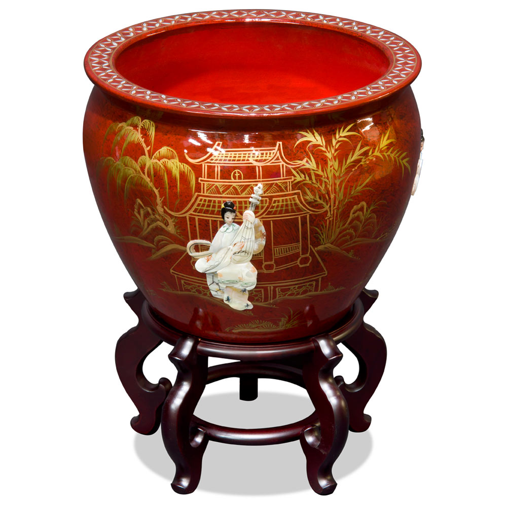 16 Inch Red Mother of Pearl Figurine Chinese Fishbowl Planter