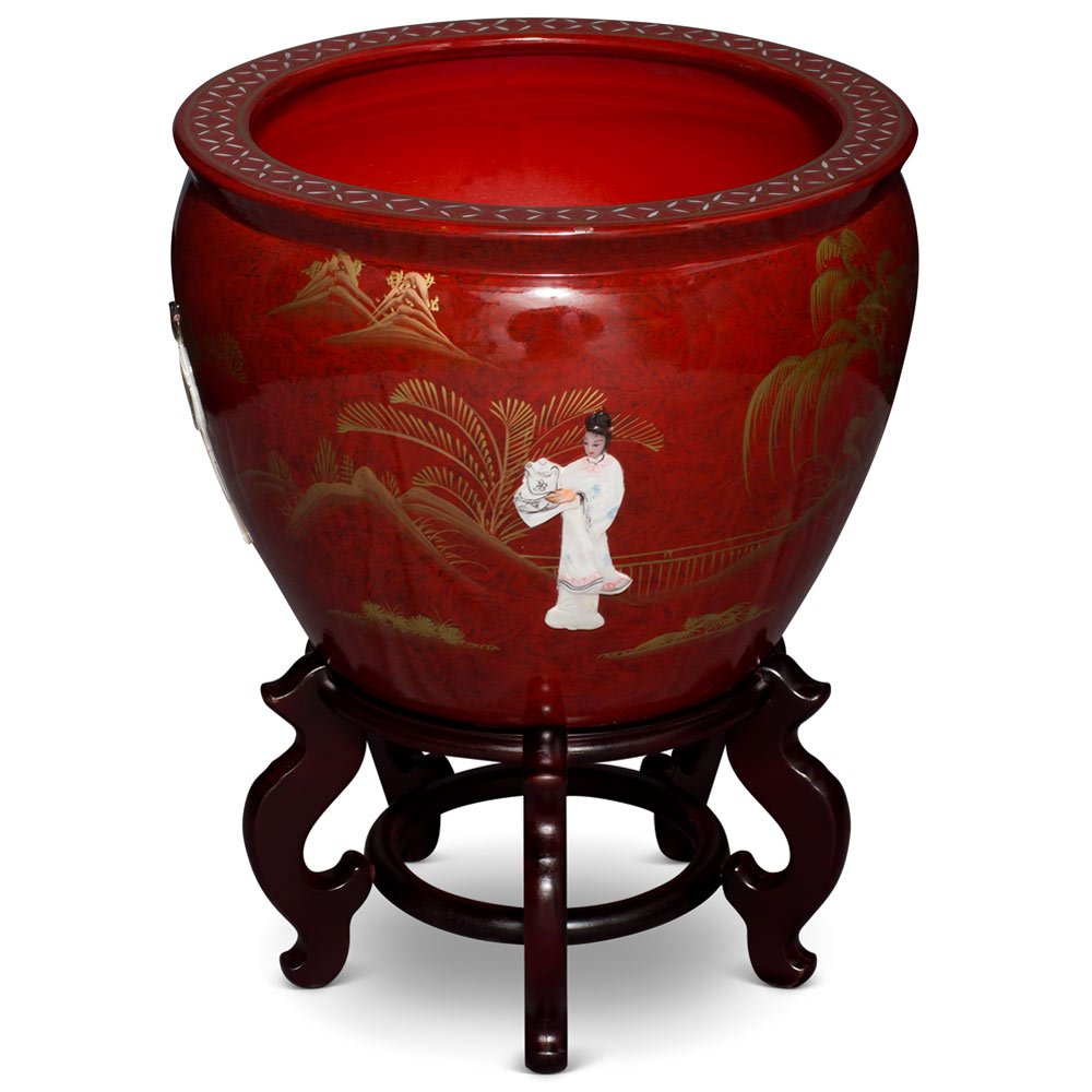 17 Inch Red Mother of Pearl Figurine Chinese Fishbowl Planter