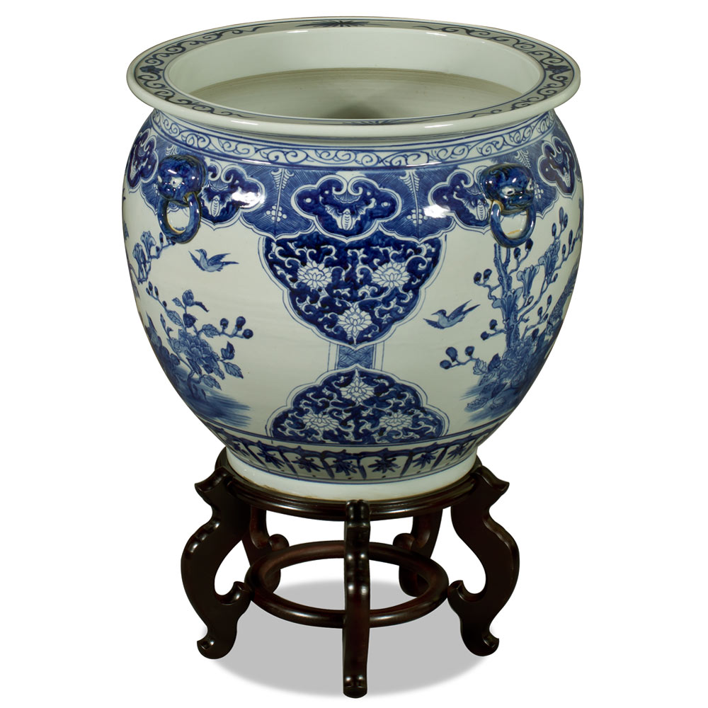 19 Inch Blue and White Porcelain Bird and Flower Chinese Fishbowl Planter