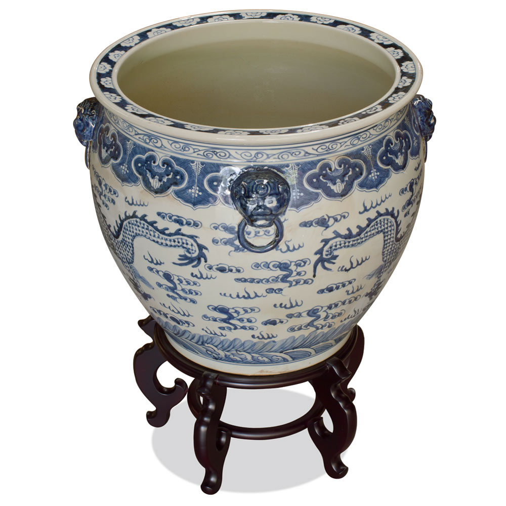 22 Inch Blue and White Porcelain Imperial Dragon Chinese Fishbowl Planter