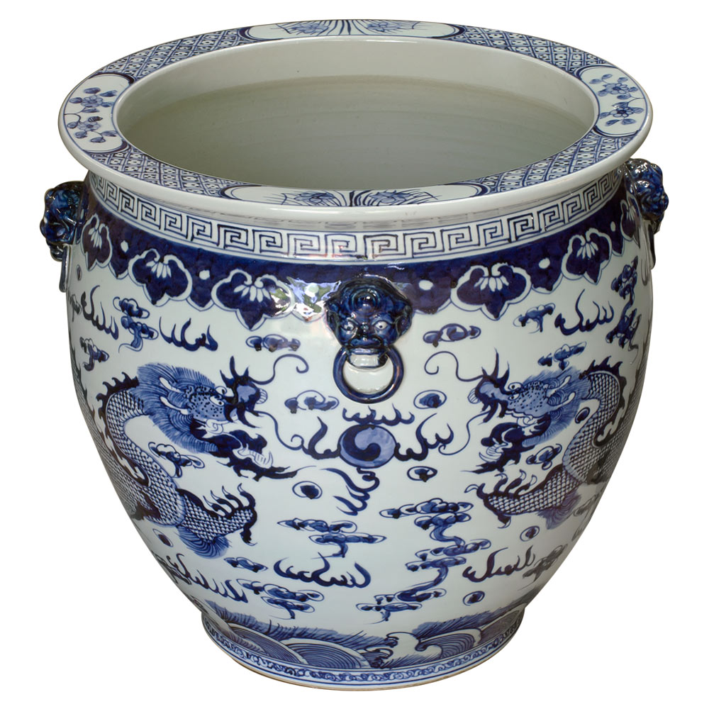 Hand Painted Blue and White Dragon Motif Porcelain Canton Fishbowl