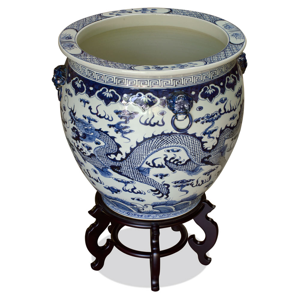 Hand Painted Blue and White Dragon Motif Porcelain Canton Fishbowl