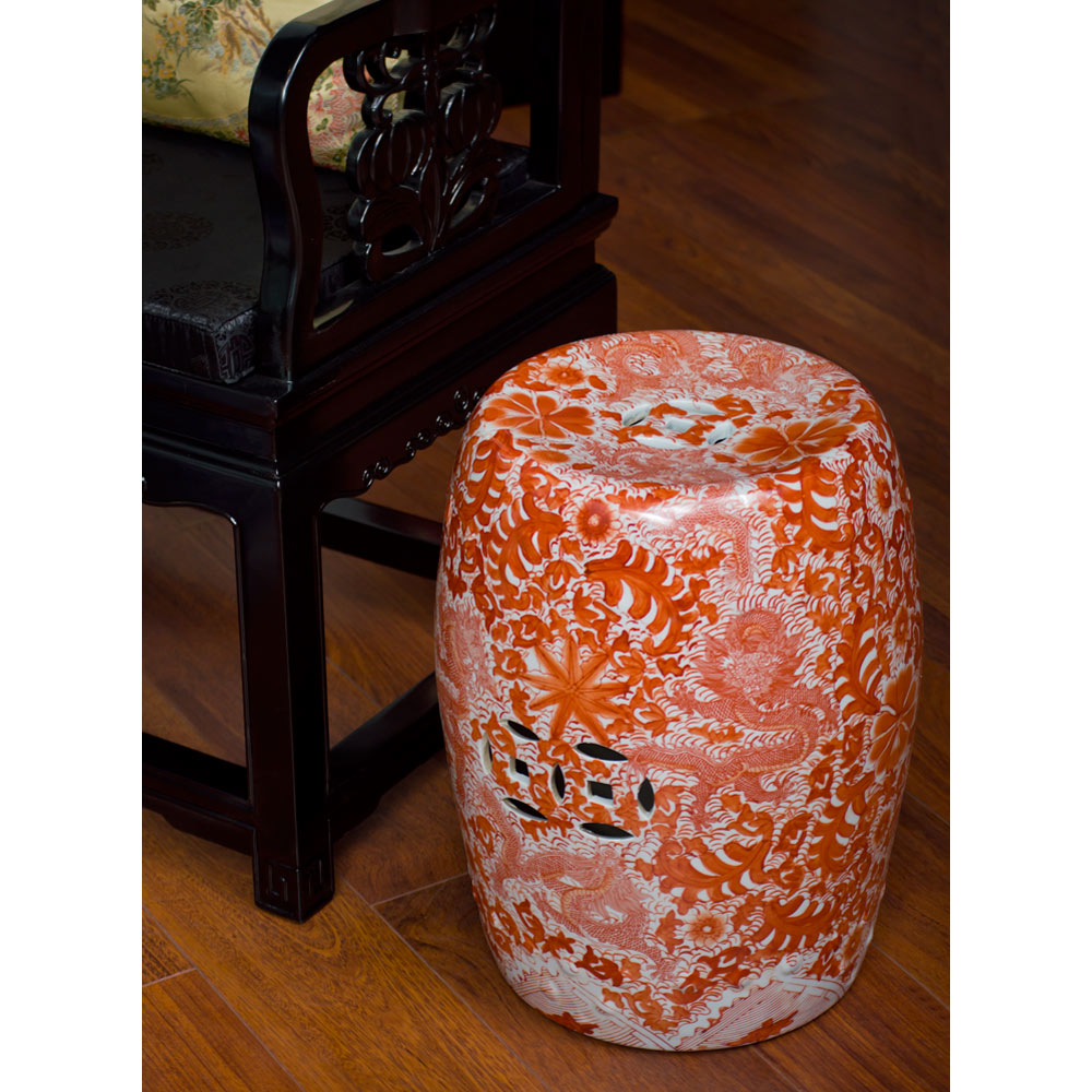 Red & White Porcelain Qing Dragon and Flower Motif Chinese Garden Stool