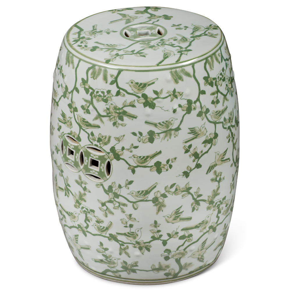 Green & White Porcelain Flower and Bird Motif Chinese Garden Stool