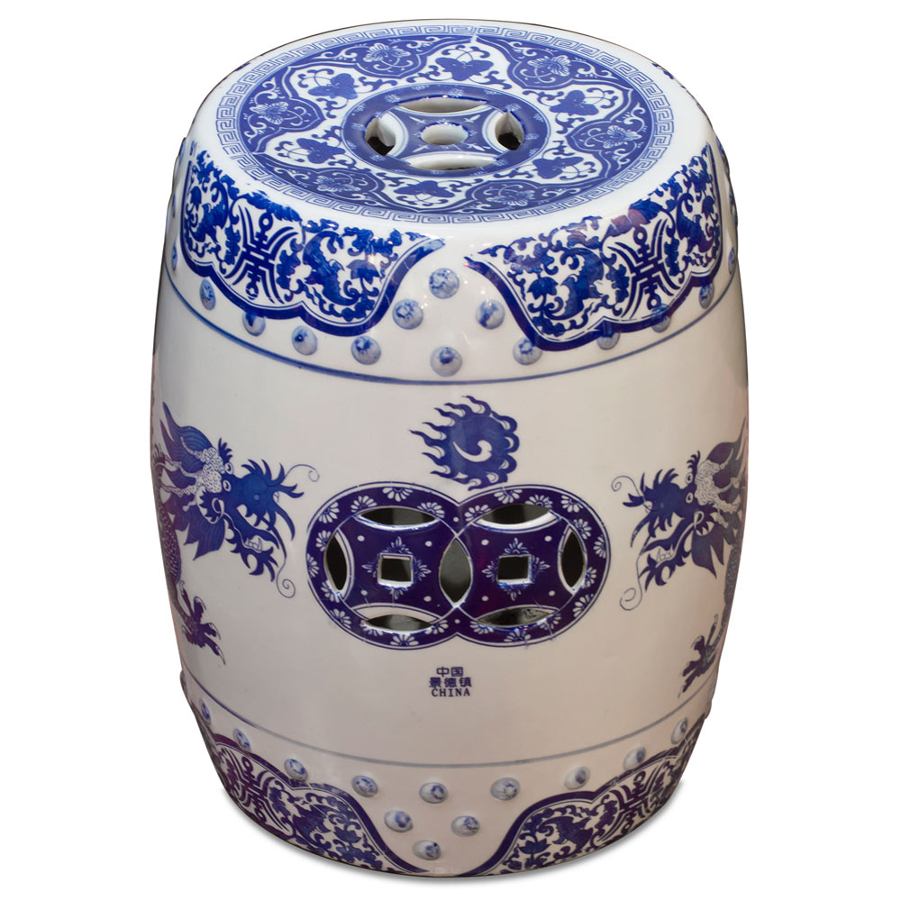 Blue and White Porcelain Imperial Dragon Motif Oriental Garden Stool
