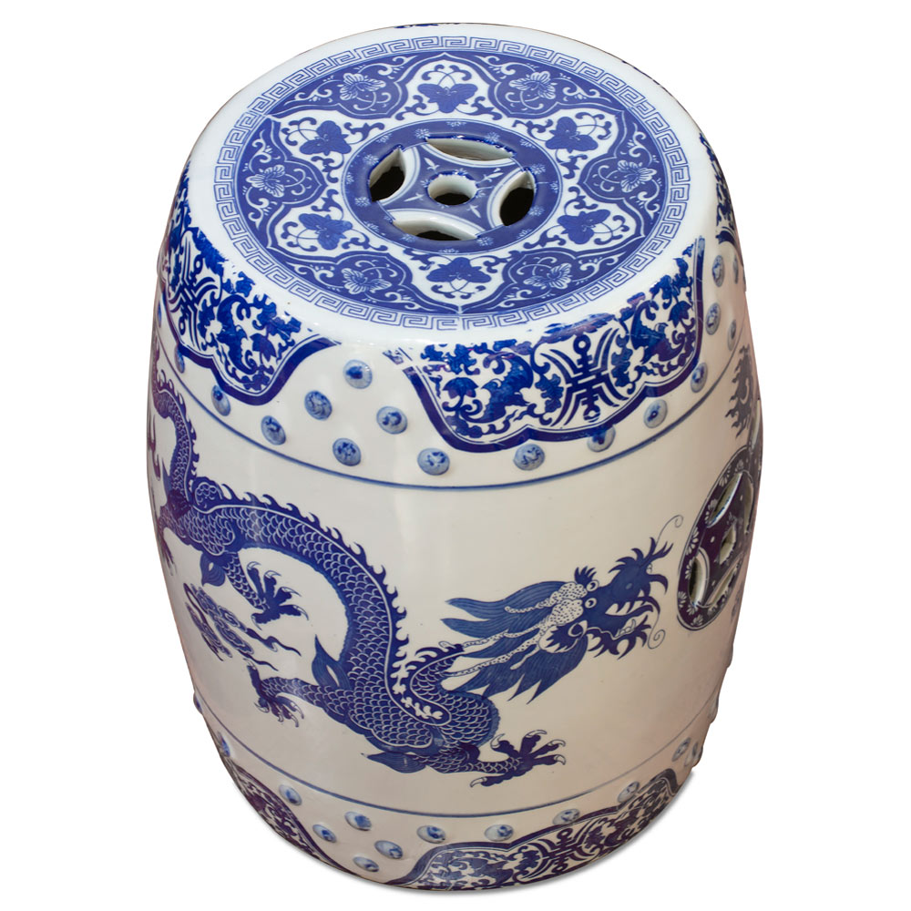 Blue and White Porcelain Imperial Dragon Motif Oriental Garden Stool