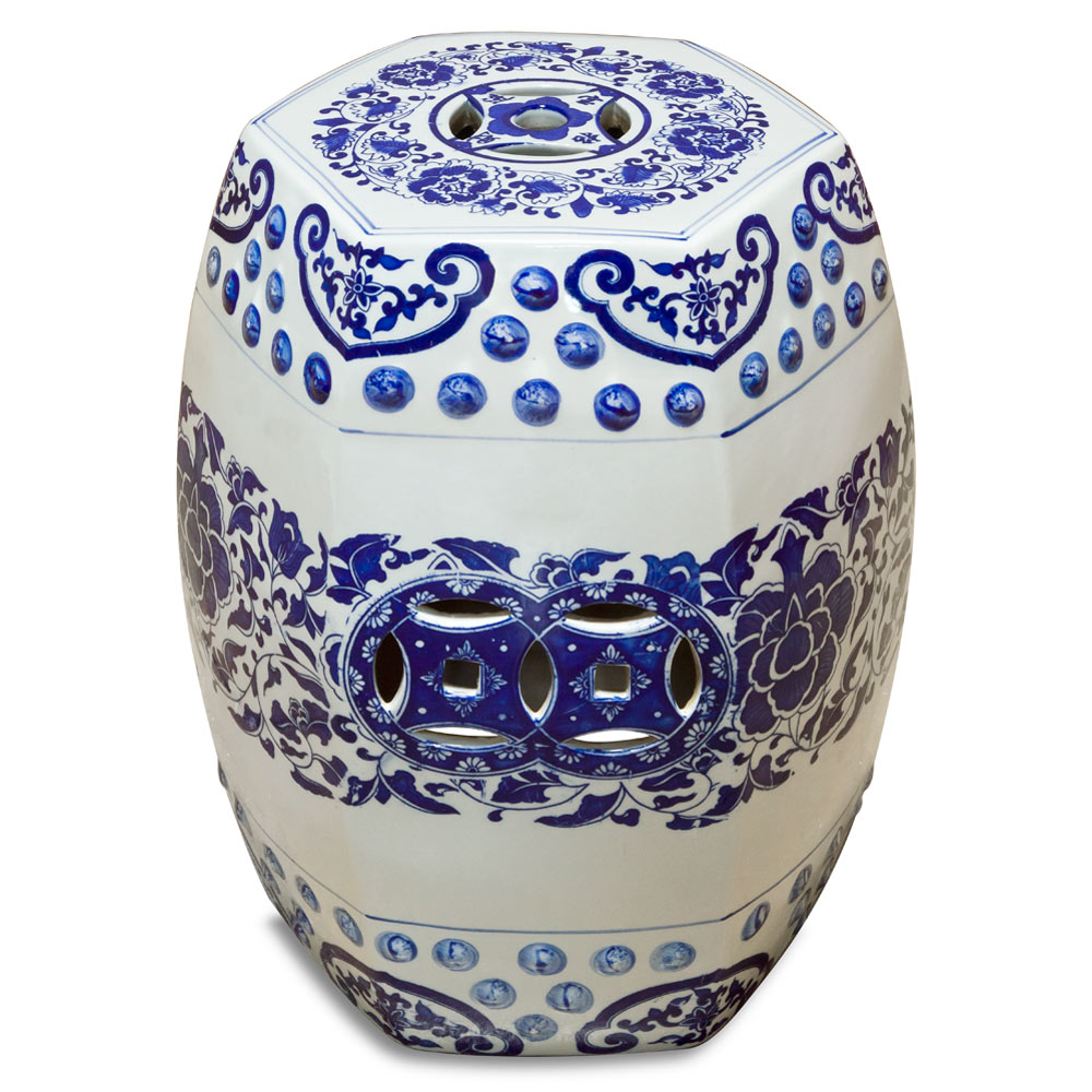 Asian Traditional Chinese Blue & White Hexgonal Geometric Garden Stool 
