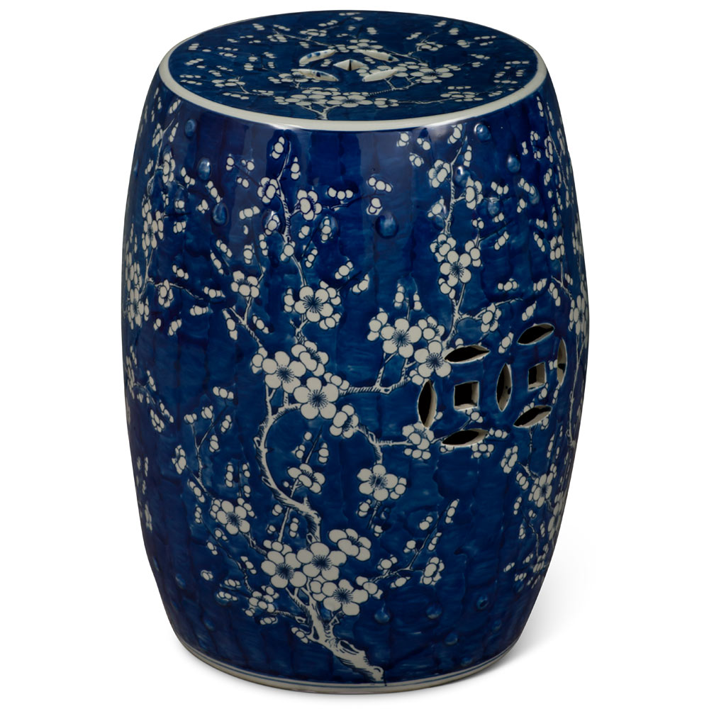 Blue & White Porcelain Cherry Blossom Motif Chinese Garden Stool