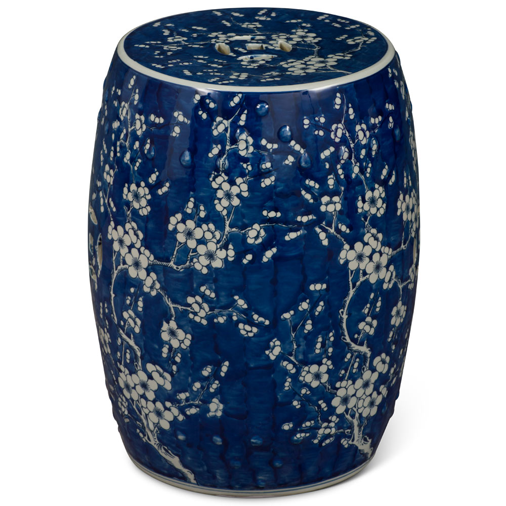 Blue & White Porcelain Cherry Blossom Motif Chinese Garden Stool