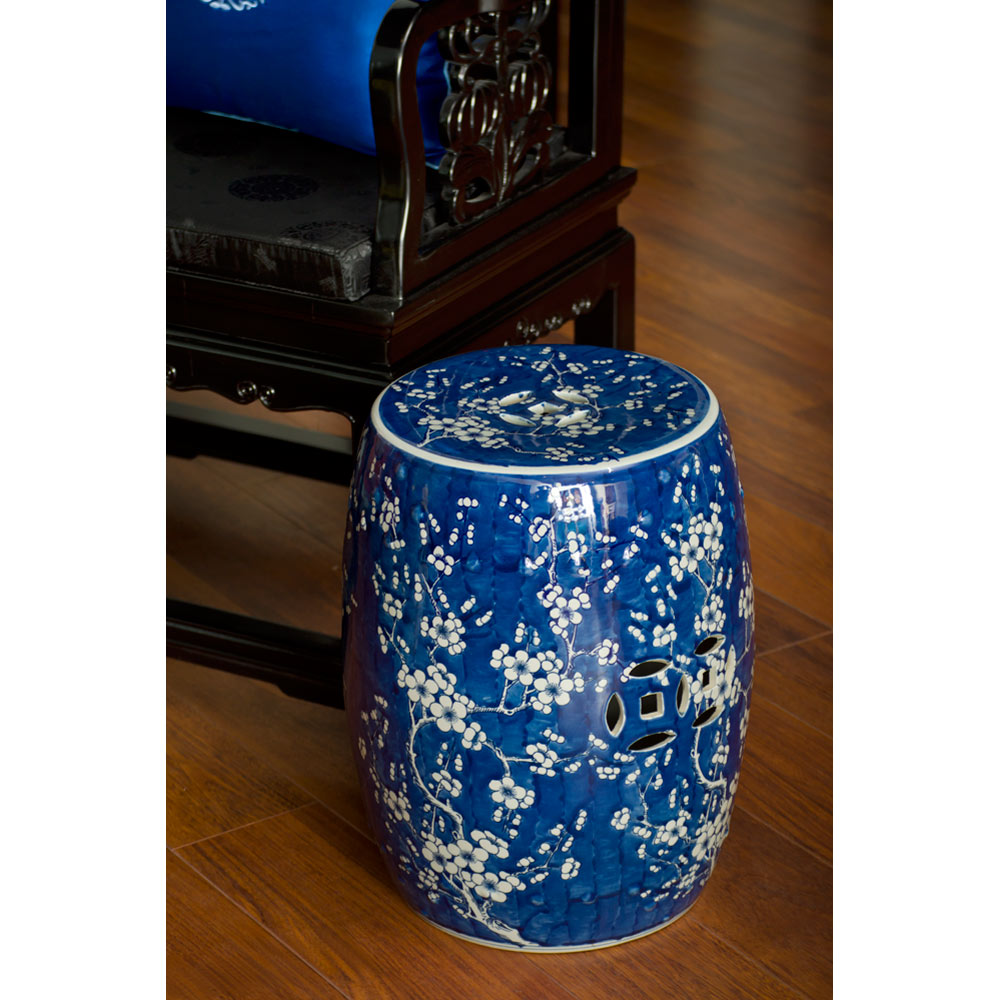 Blue & White Porcelain Cherry Blossom Motif Chinese Garden Stool