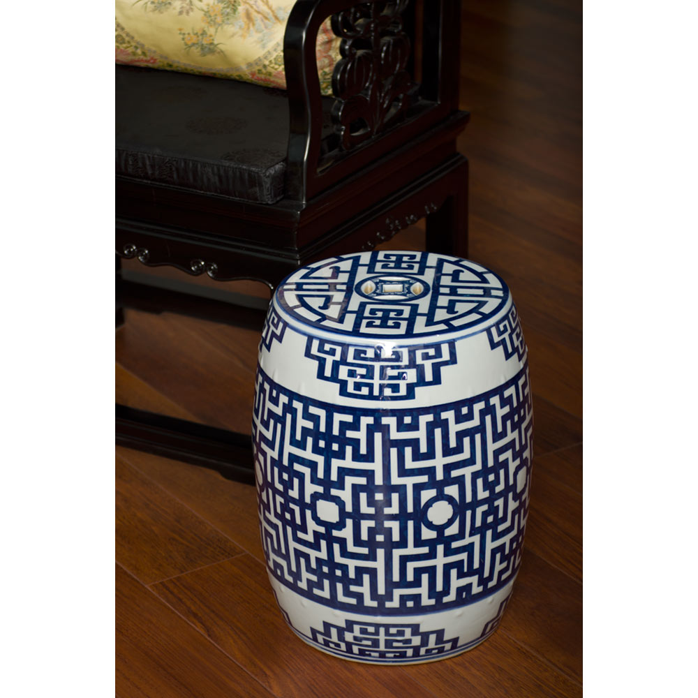 Blue & White Porcelain Chinese Key Motif Garden Stool