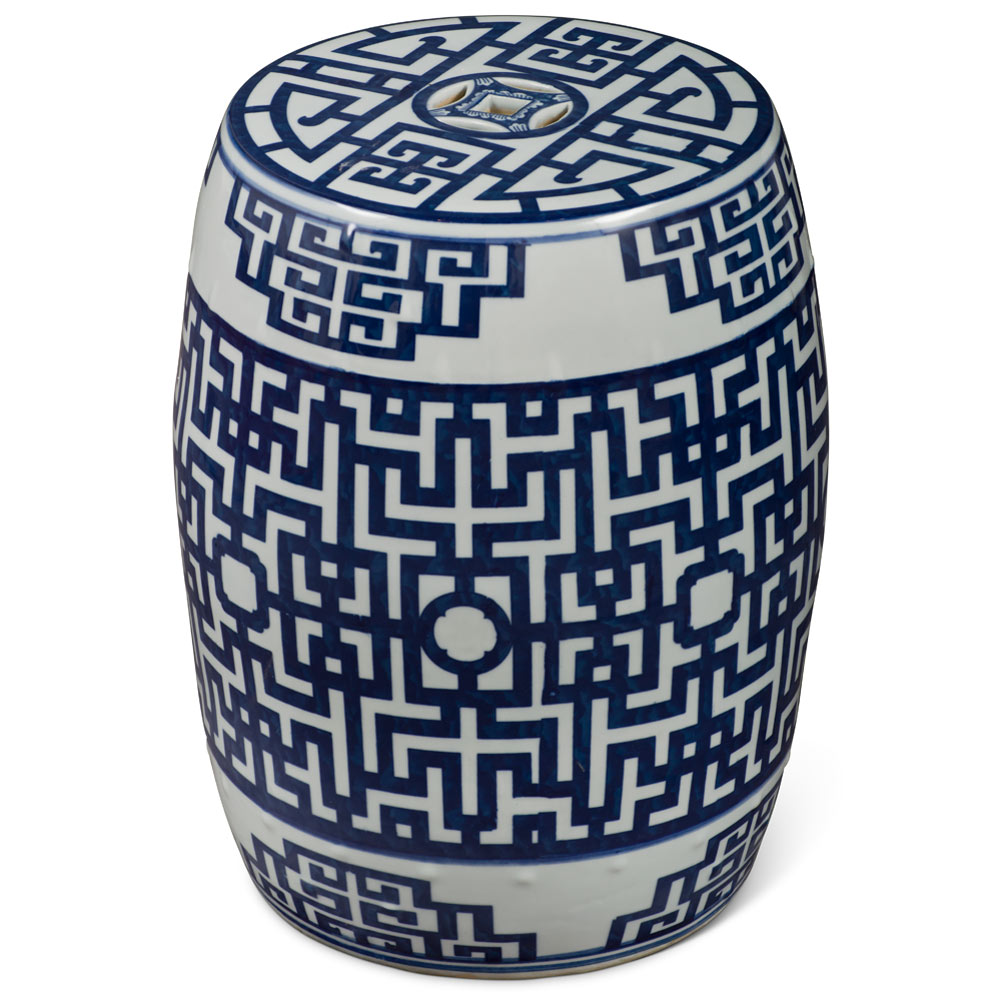 Blue & White Porcelain Chinese Key Motif Garden Stool