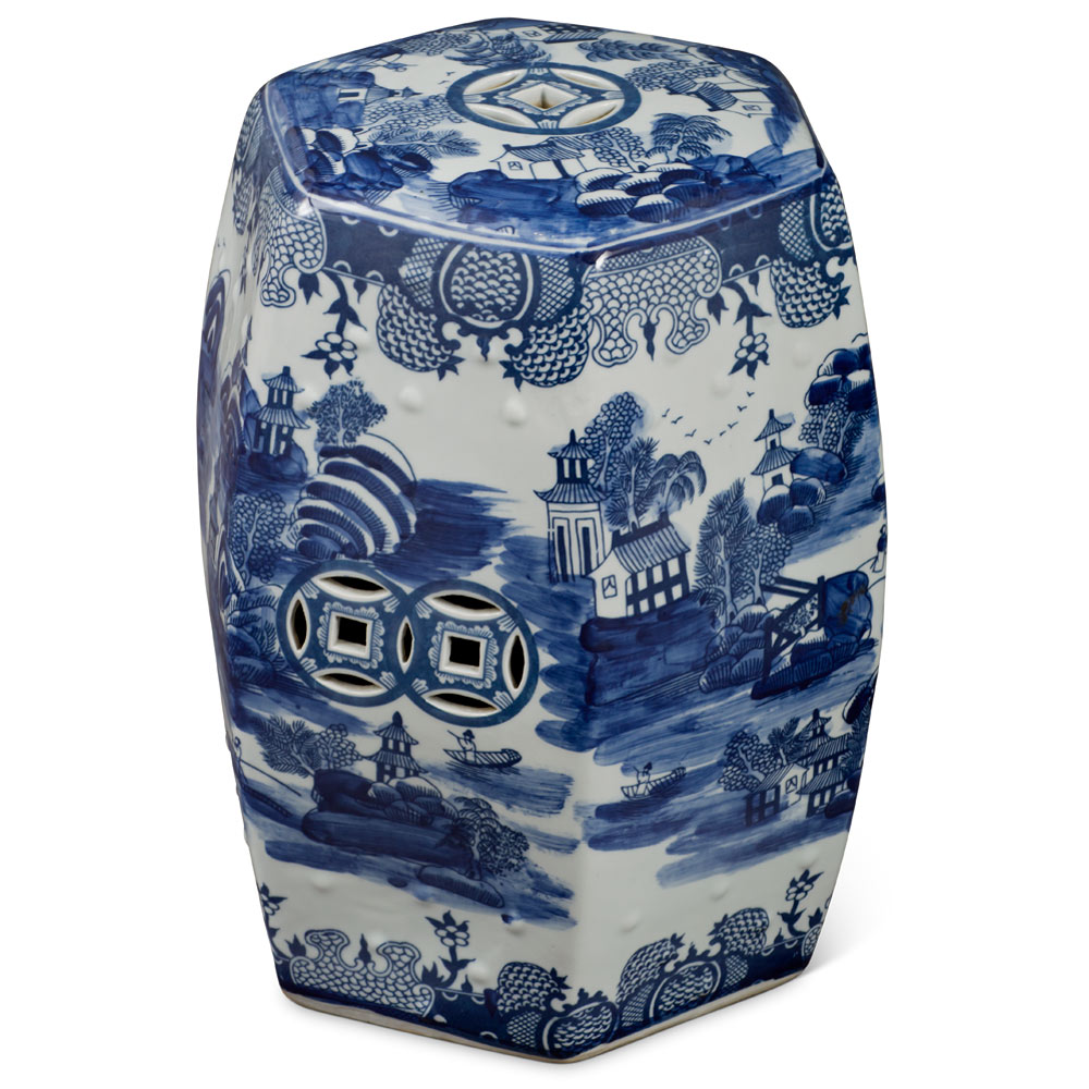 Blue & White Porcelain Chinese Scenery Hexagon Garden Stool