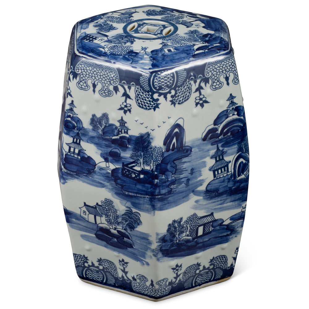 Blue & White Porcelain Chinese Scenery Hexagon Garden Stool