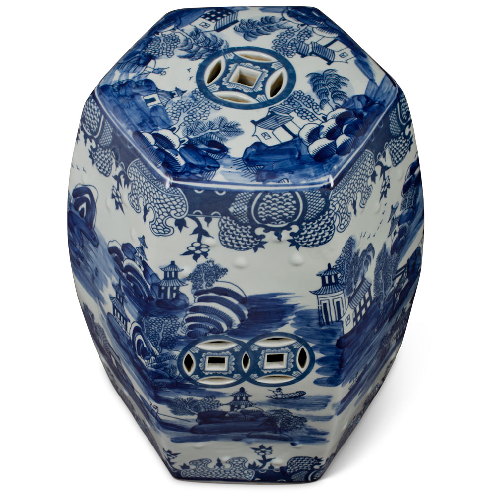 Blue & White Porcelain Chinese Scenery Hexagon Garden Stool