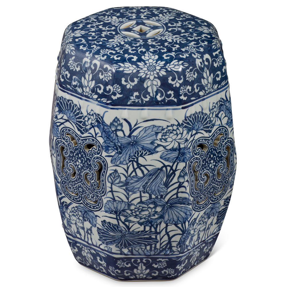 Blue & White Porcelain Lotus and Flower Motif Chinese Octogonal Garden Stool