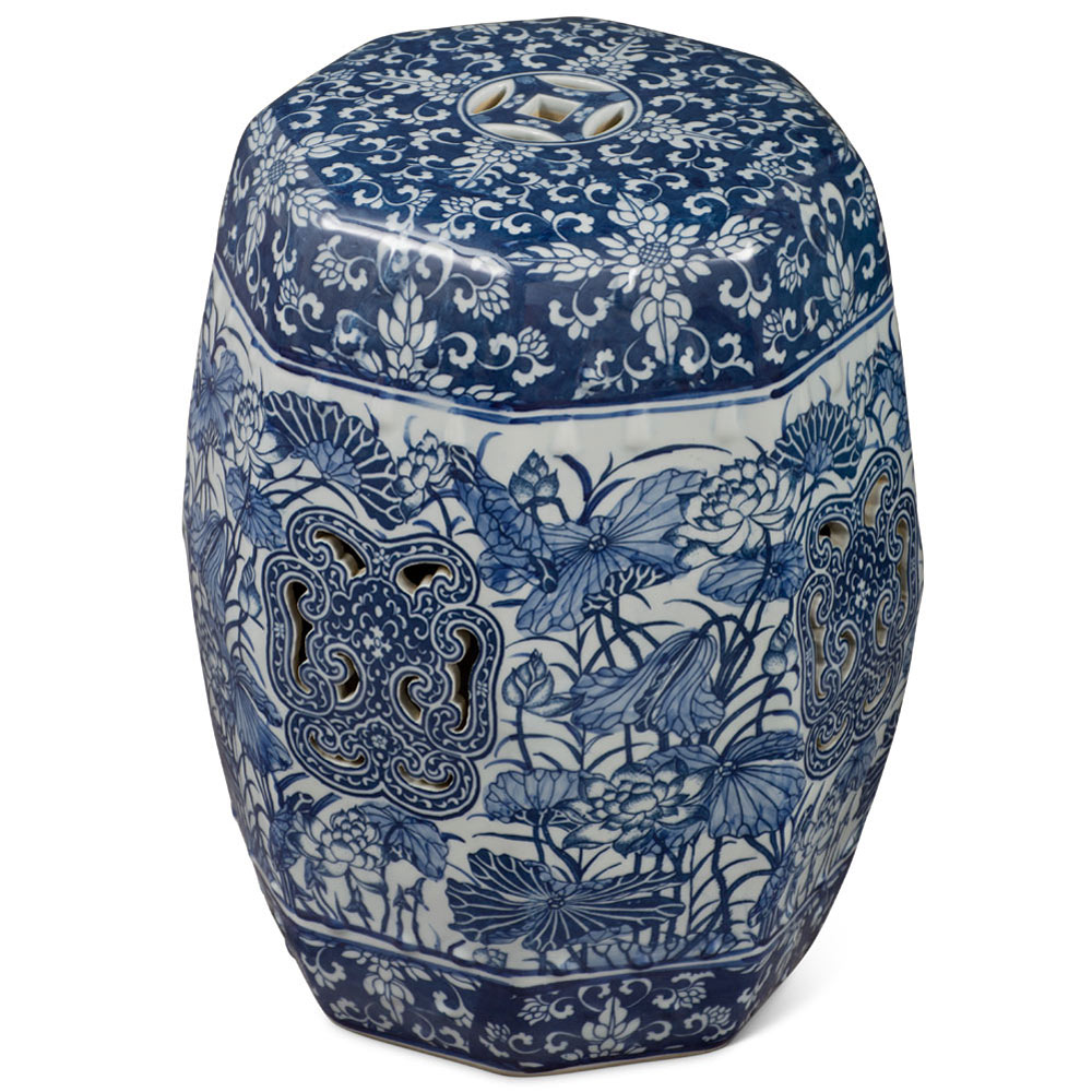 Blue & White Porcelain Lotus and Flower Motif Chinese Octogonal Garden Stool