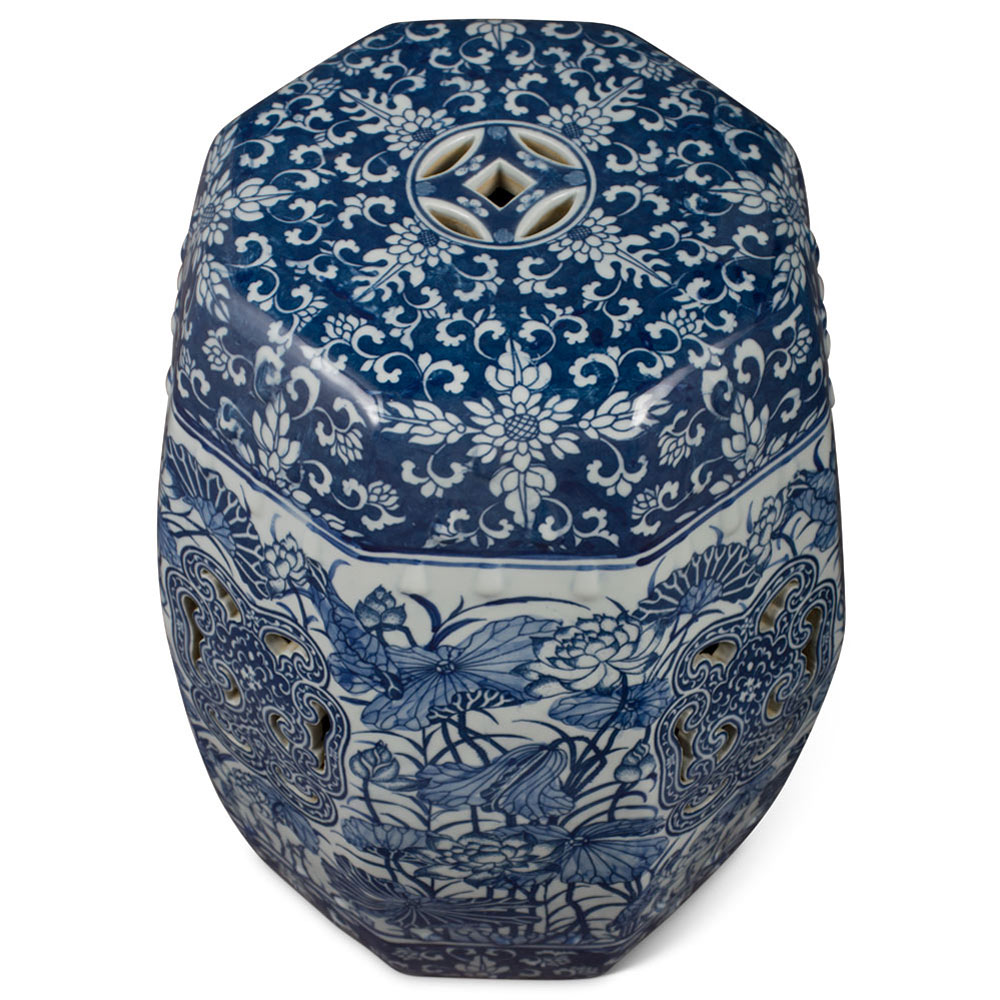 Blue & White Porcelain Lotus and Flower Motif Chinese Octogonal Garden Stool