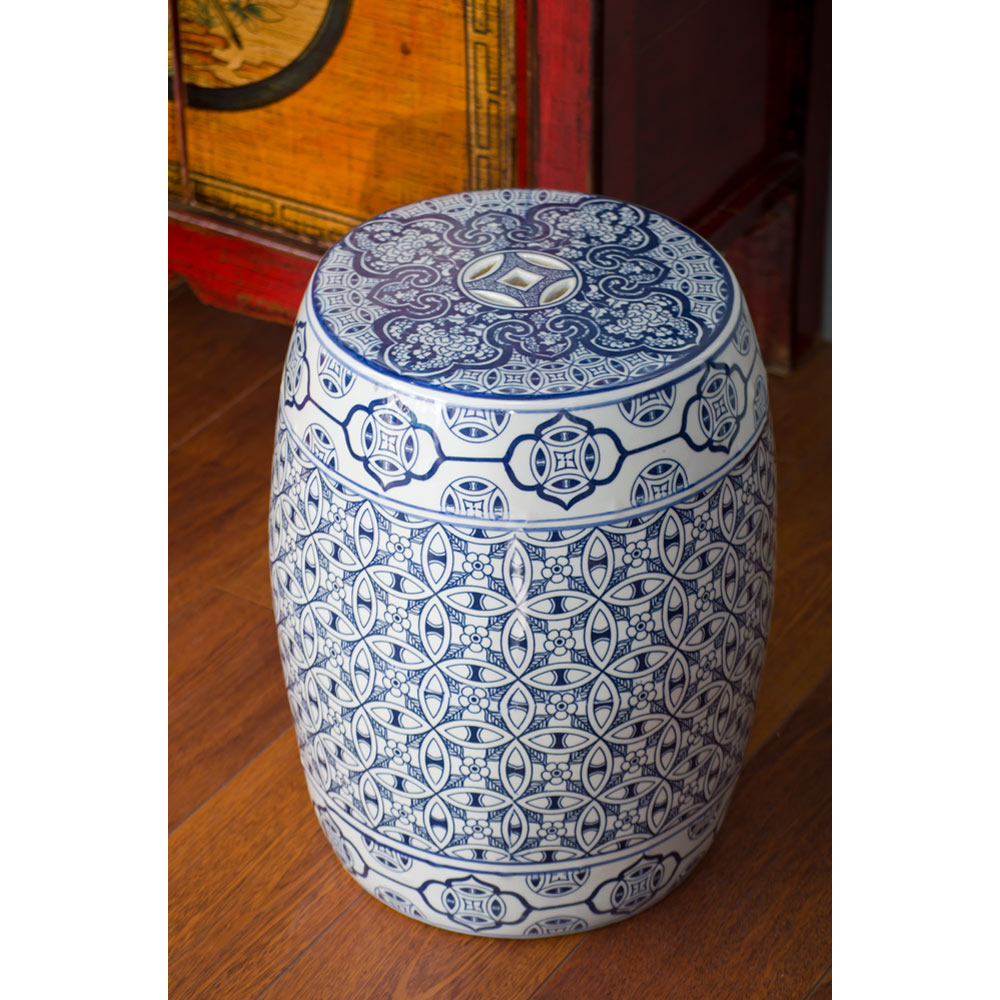 Blue & White Porcelain Chinese Coin Motif Garden Stool