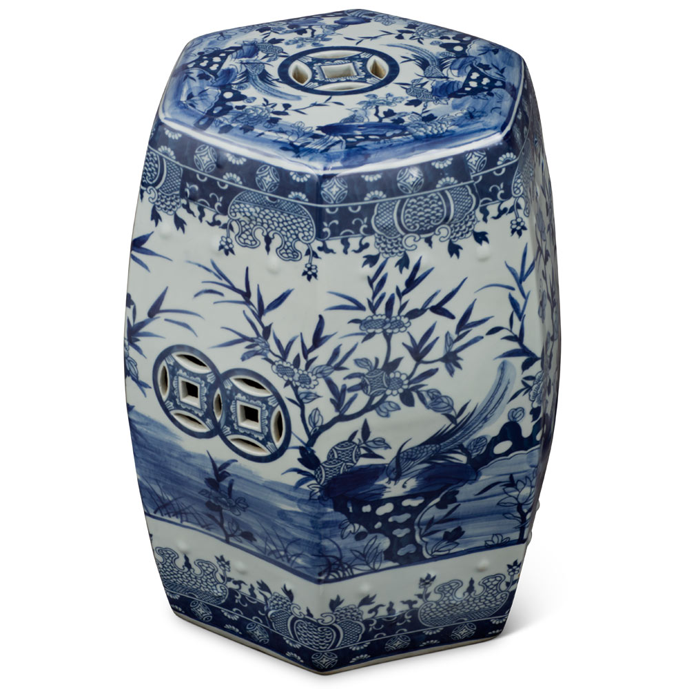 Blue & White Porcelain Bamboo Motif Chinese Hexagonal Garden Stool