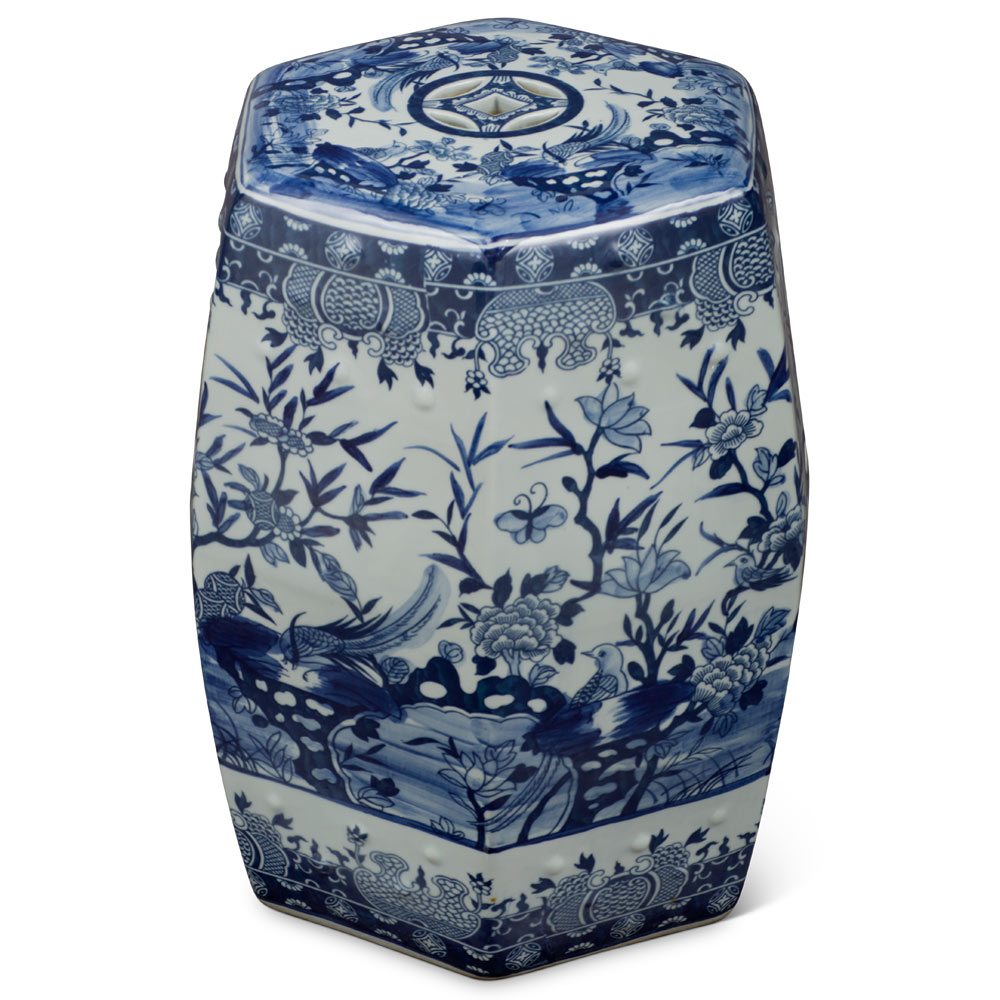 Blue & White Porcelain Bamboo Motif Chinese Hexagonal Garden Stool