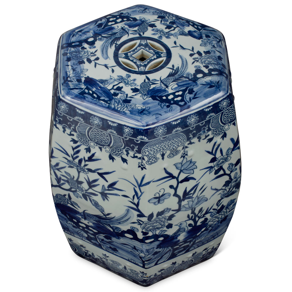 Blue & White Porcelain Bamboo Motif Chinese Hexagonal Garden Stool