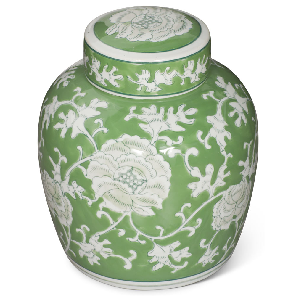 Green and White Peony Flower Motif Oriental Porcelain Tea Jar