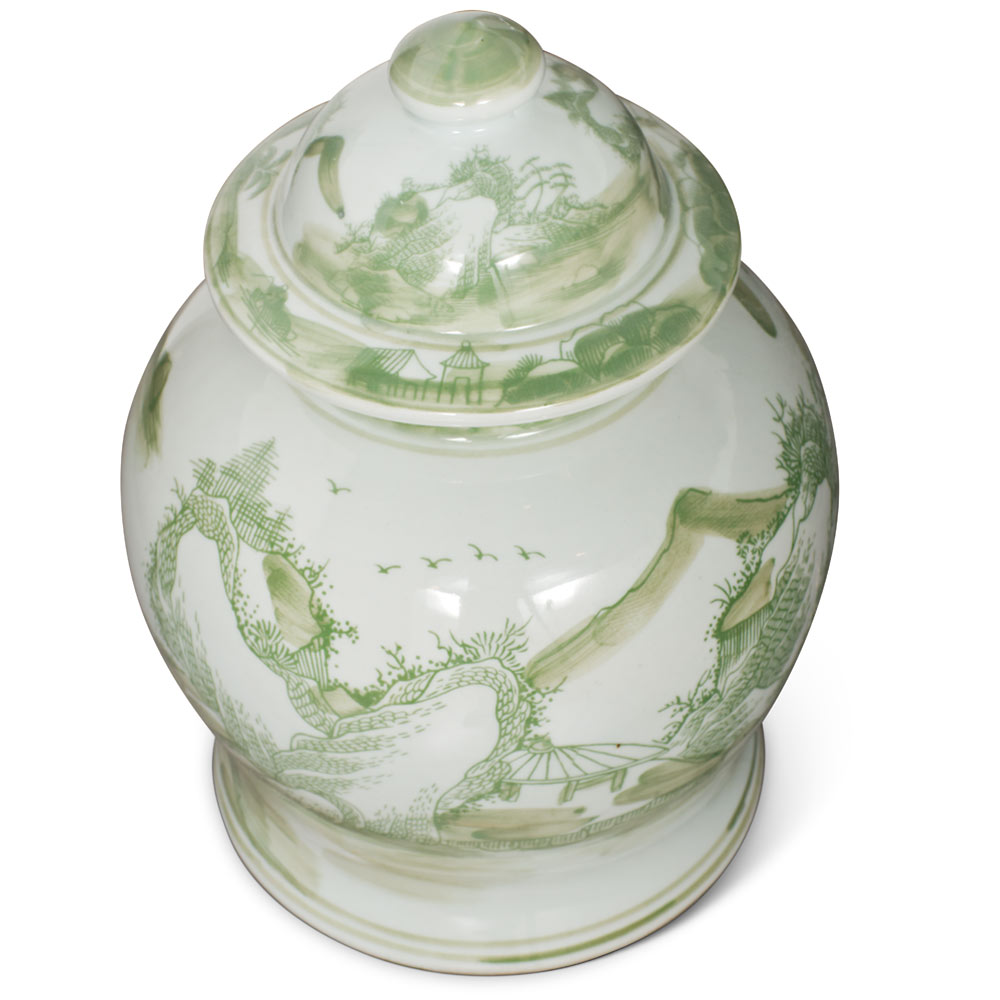 Green and White Scenery Motif Oriental Porcelain Jar with Lid
