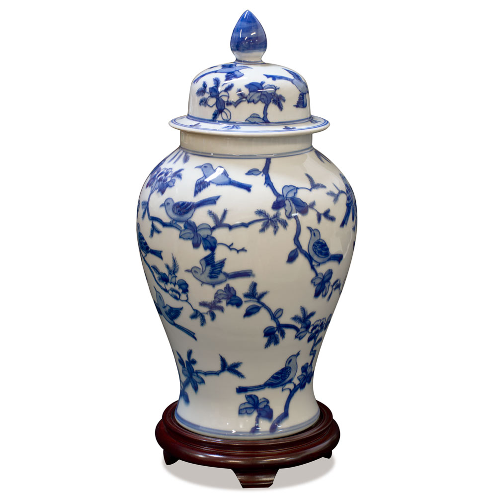 Blue and White Flower and Bird Chinese Porcelain Ginger Jar