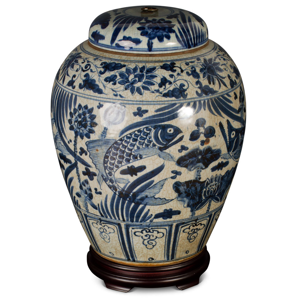 Blue and White Porcelain Prosperity Koi Fish Chinese Temple Jar