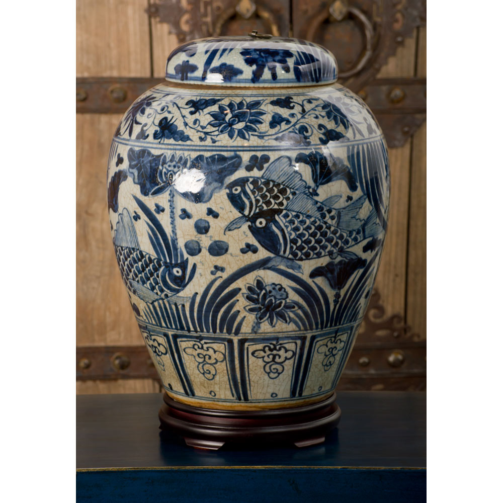 Blue and White Porcelain Prosperity Koi Fish Chinese Temple Jar