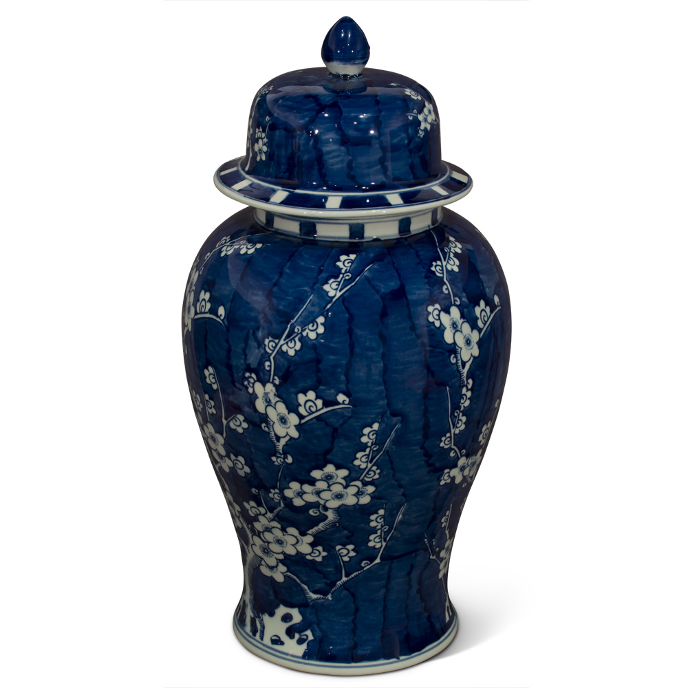 Blue and White Cherry Blossom Motif Chinese Porcelain Ginger Jar