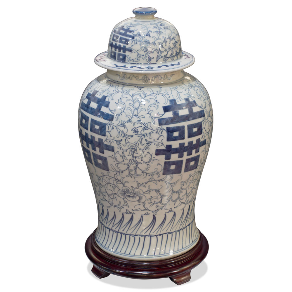 Blue and White Porcelain Double Happiness Chinese Ginger Jar