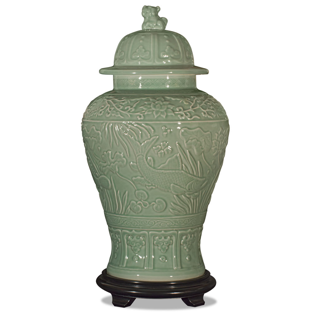 Celadon Porcelain Qing Foo Dog Oriental Jar