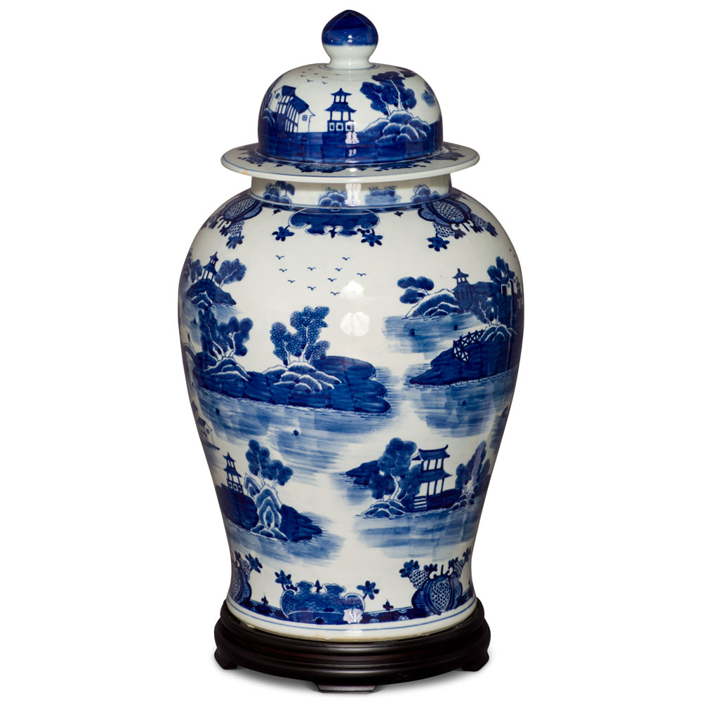 23.5 Inch Blue & White Scenery Motif Porcelain Ginger Jar