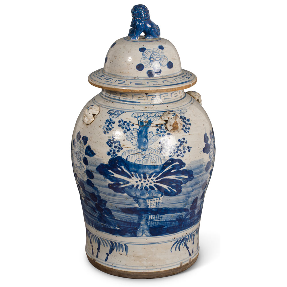 26 Inch Vintage Blue & White Flower Motif Porcelain Chinese Ginger Jar