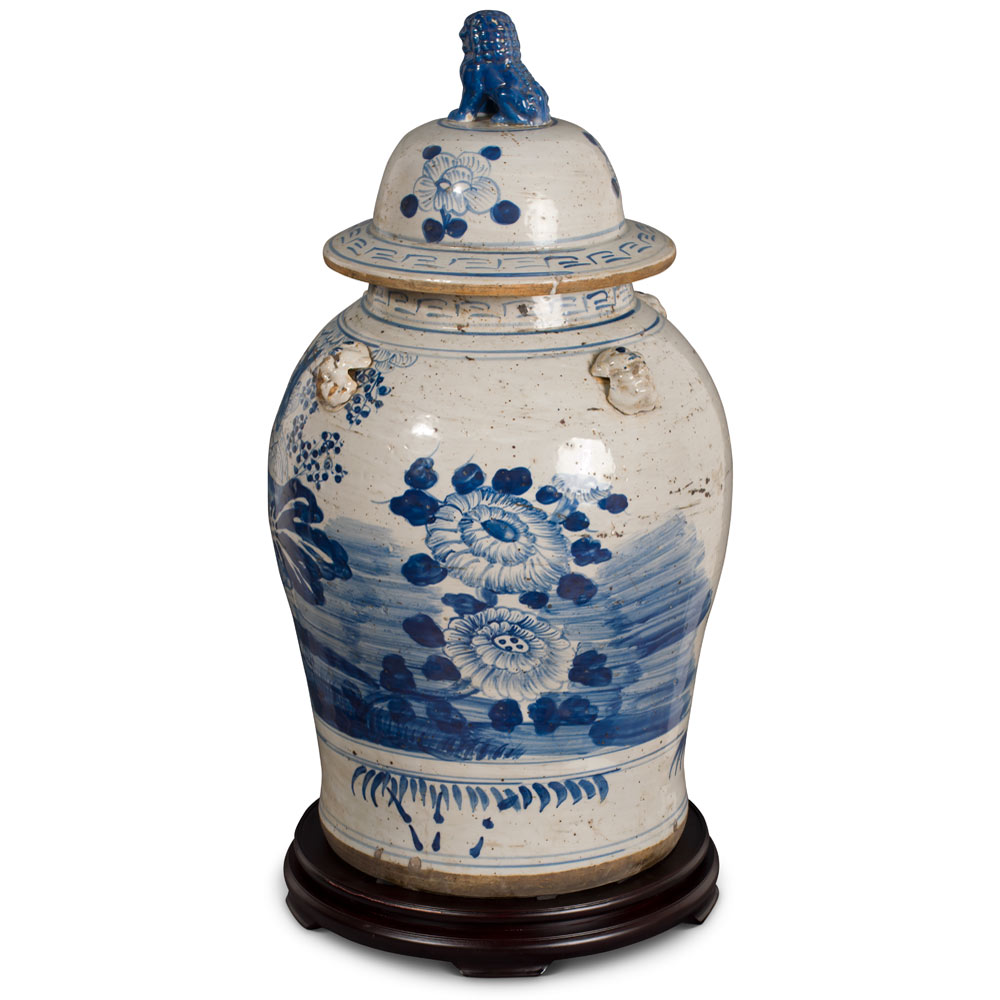 26 Inch Vintage Blue & White Flower Motif Porcelain Chinese Ginger Jar