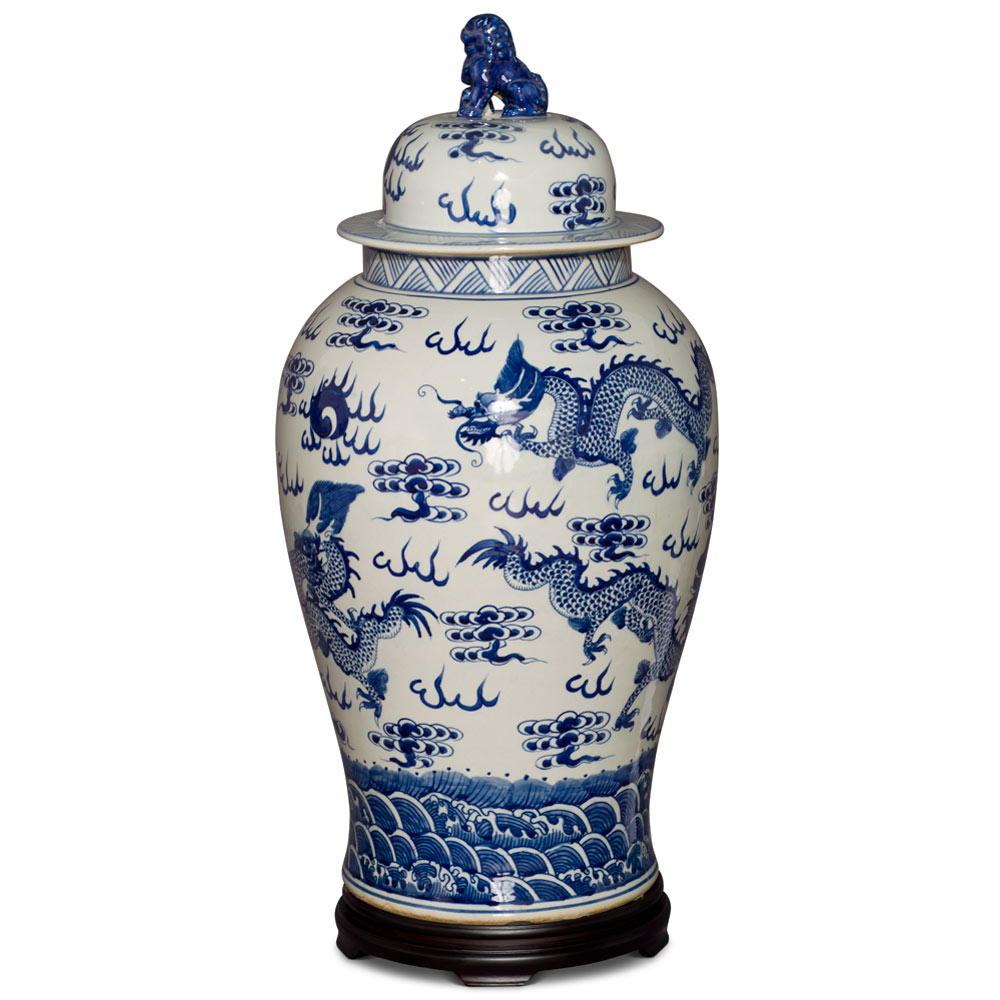 29 Inch Blue & White Porcelain Dragon Motif Ginger Jar