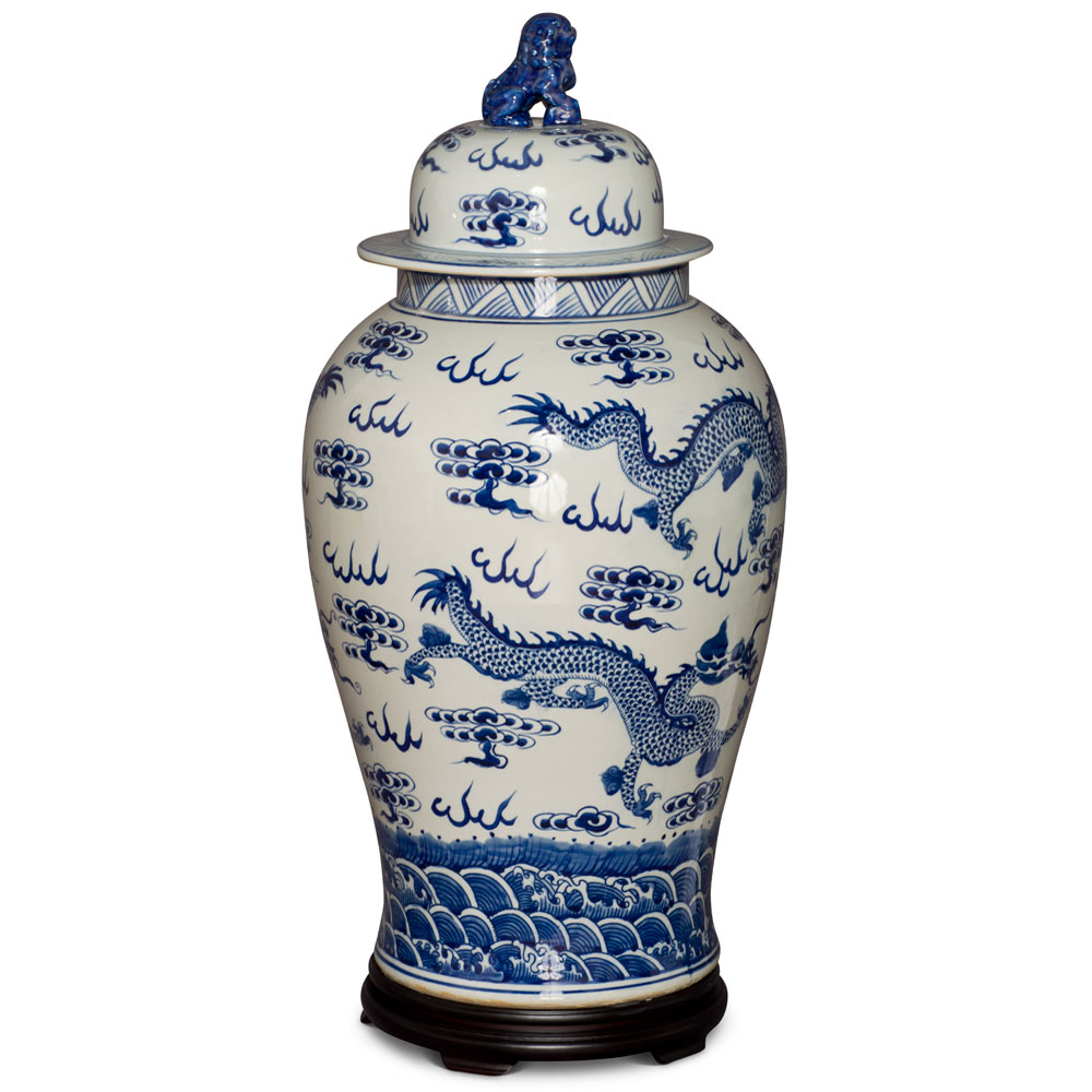 29 Inch Blue & White Porcelain Dragon Motif Ginger Jar