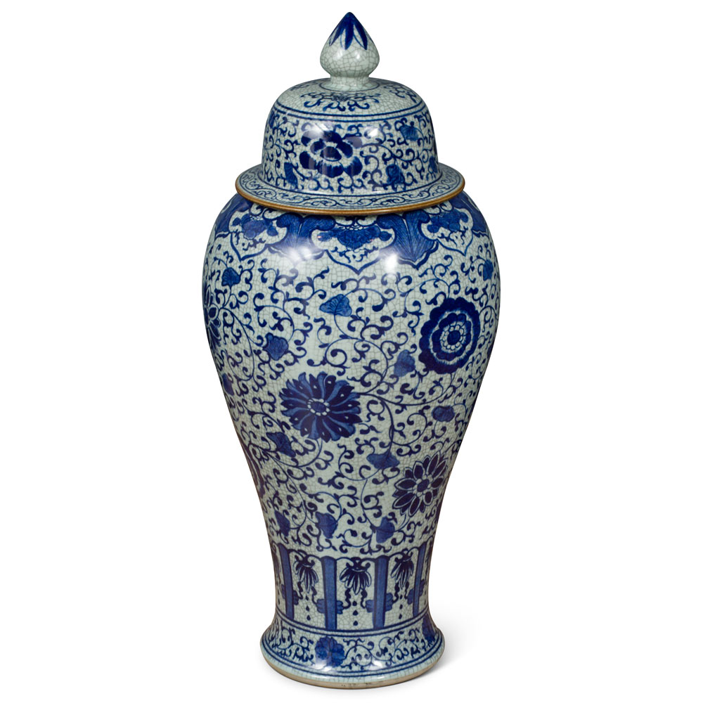 38in Blue and White Chrysanthemum Motif Chinese Vase with Lid