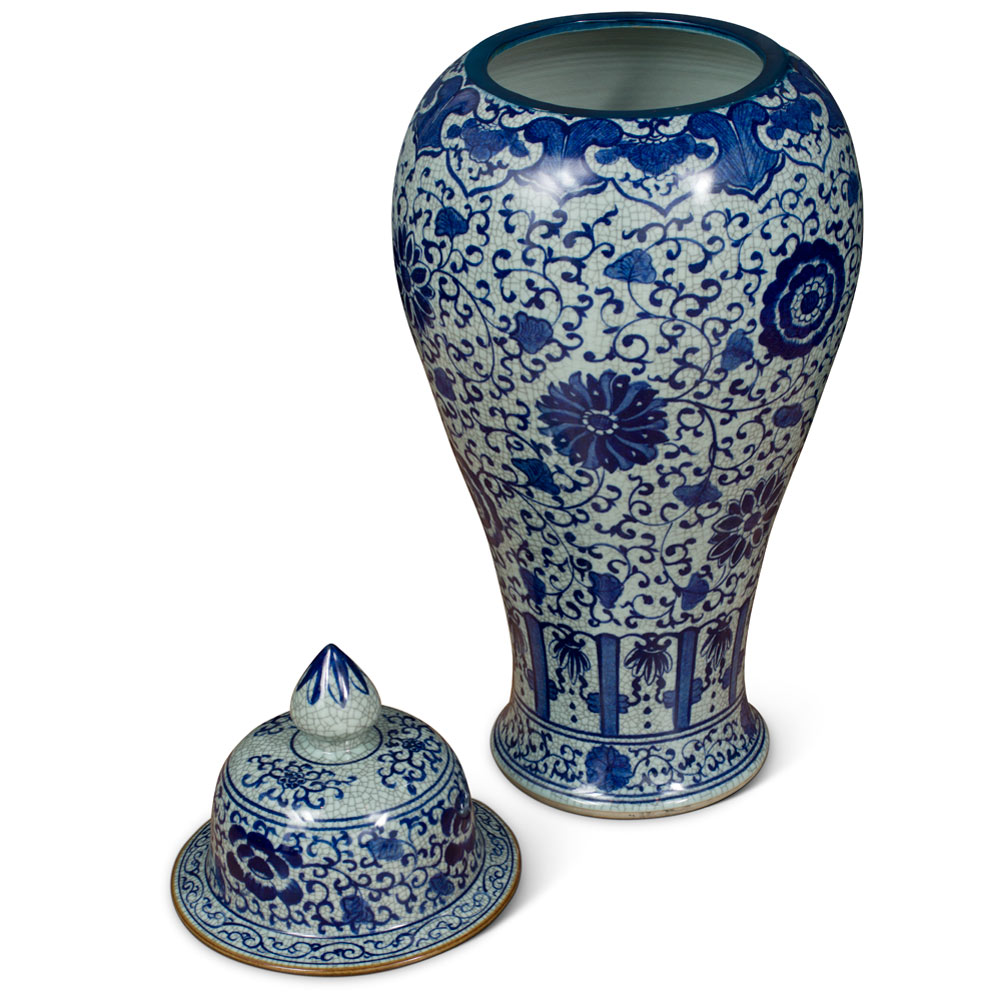 38in Blue and White Chrysanthemum Motif Chinese Vase with Lid
