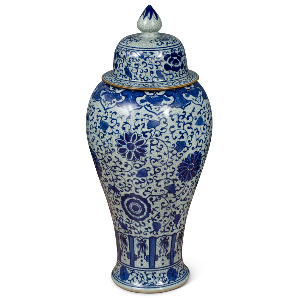 38in Blue and White Chrysanthemum Motif Chinese Vase with Lid
