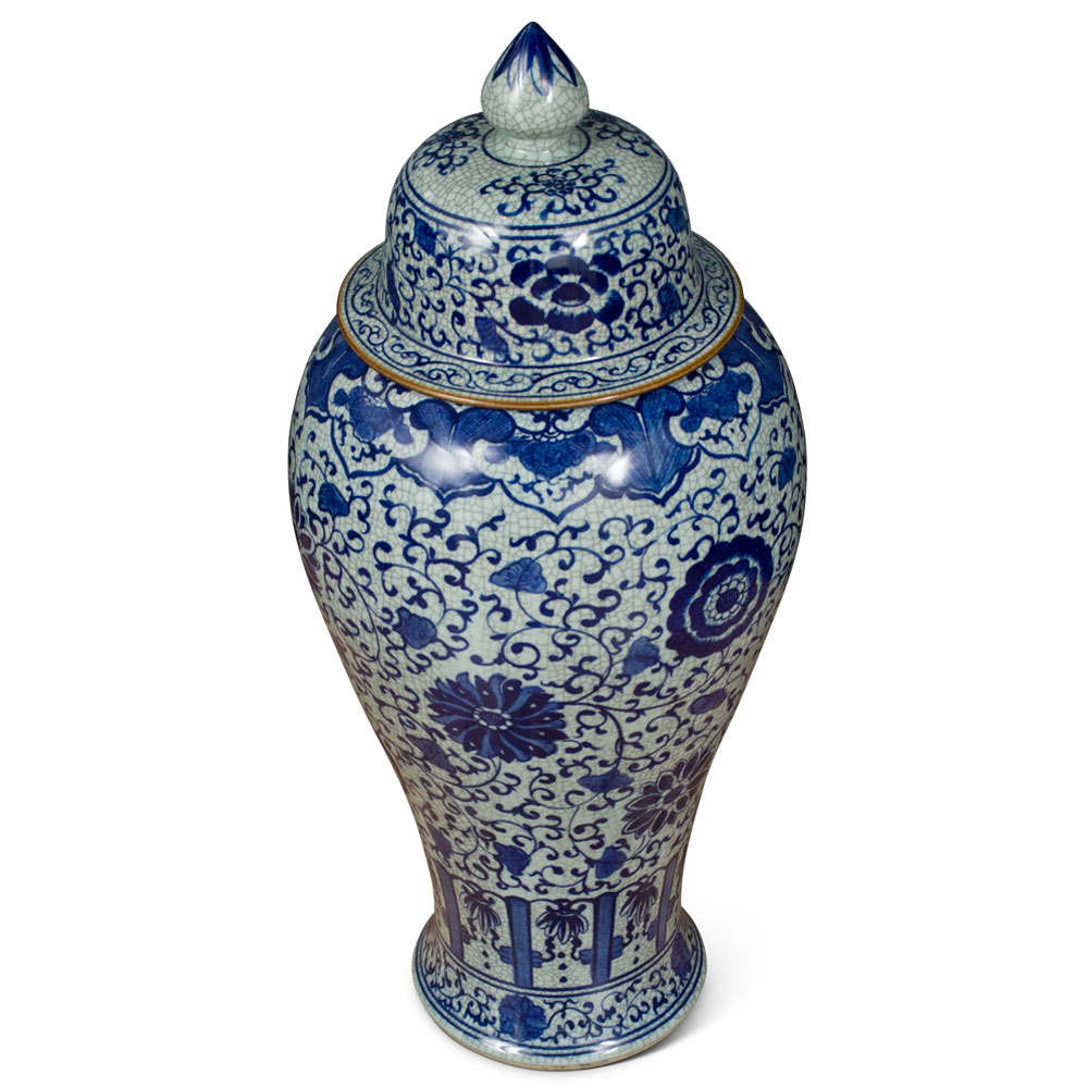 38in Blue and White Chrysanthemum Motif Chinese Vase with Lid