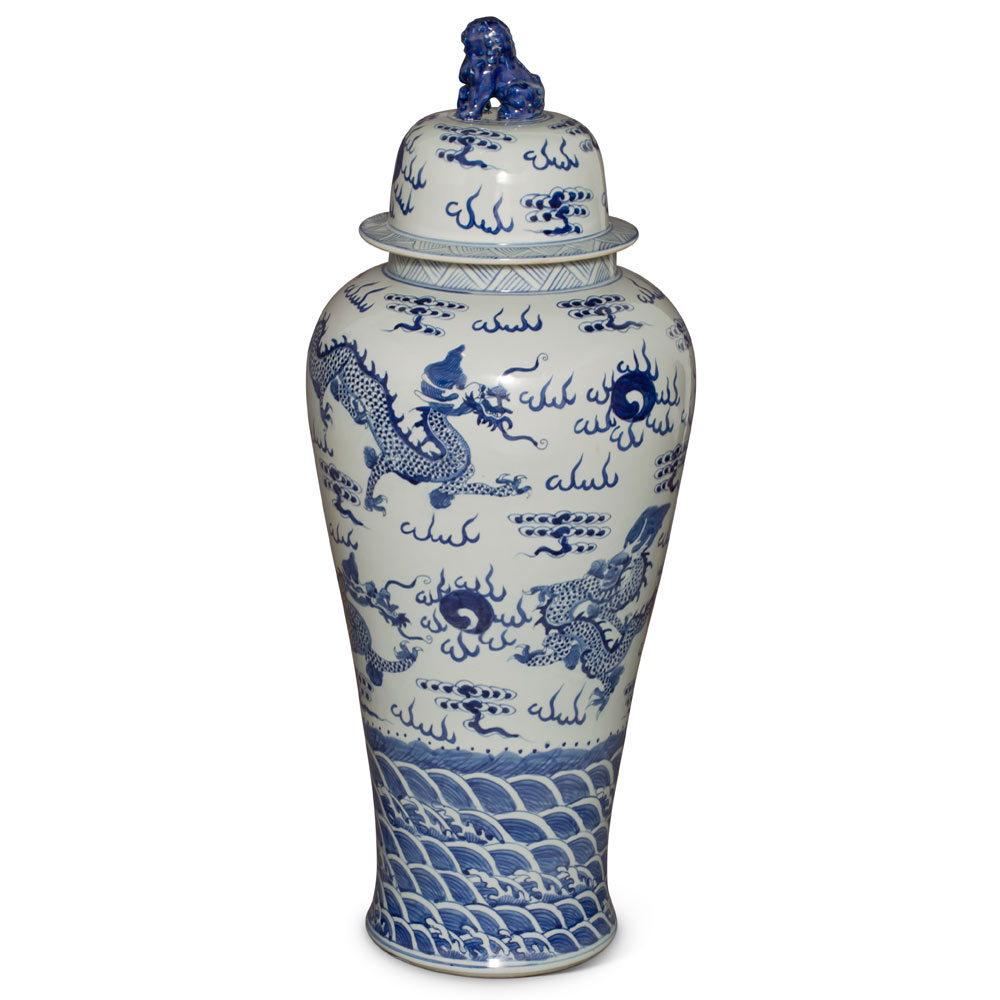 39in Blue and White Porcelain Dragon Motif Ginger Jar