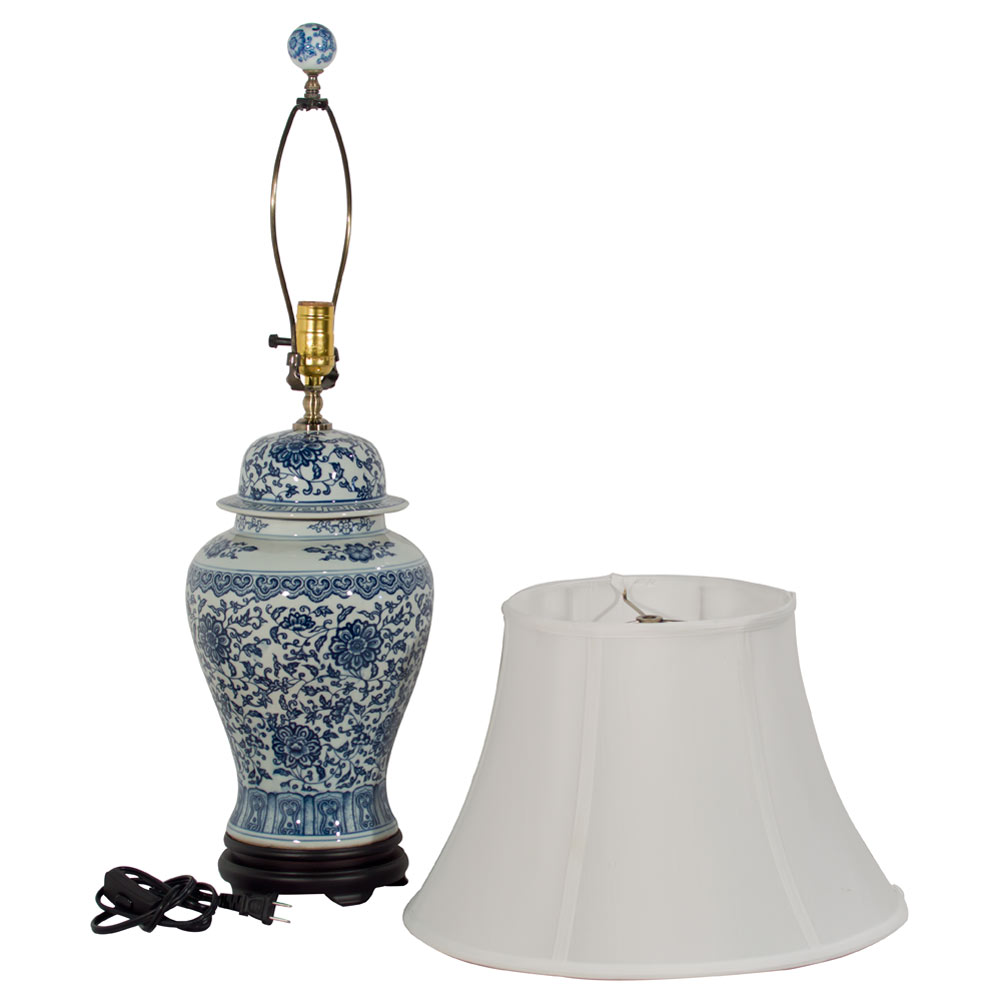 Blue and White Peony Motif Asian Porcelain Lamp