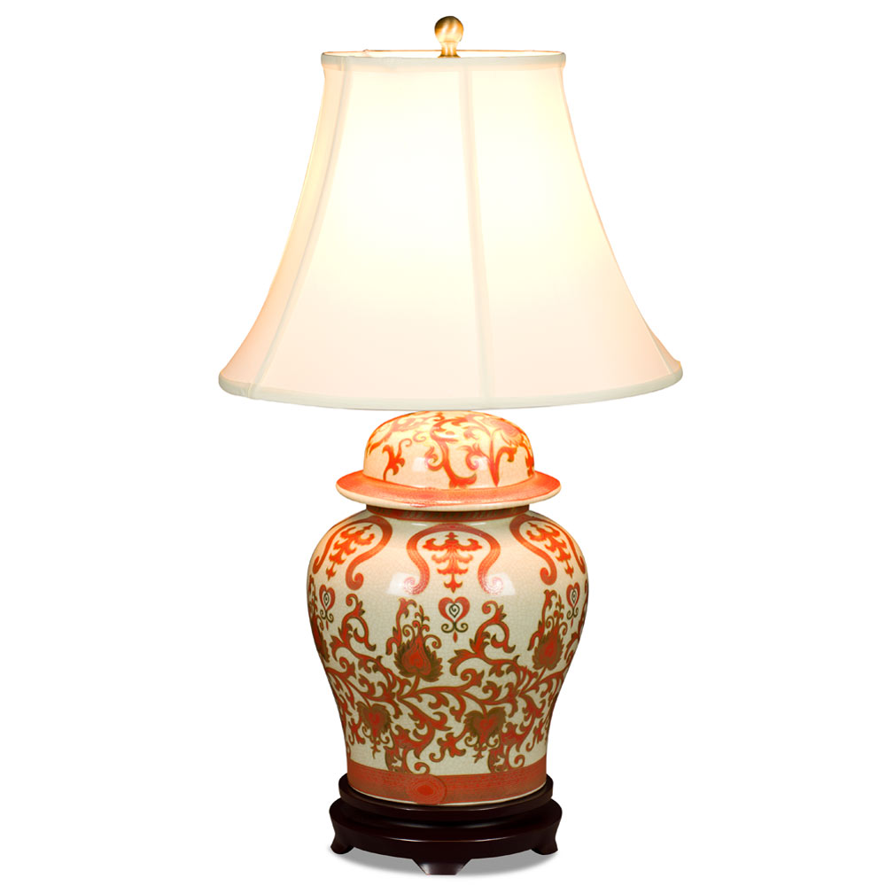 Red and Gold Floral Vine Motif Asian Temple Jar Porcelain Lamp