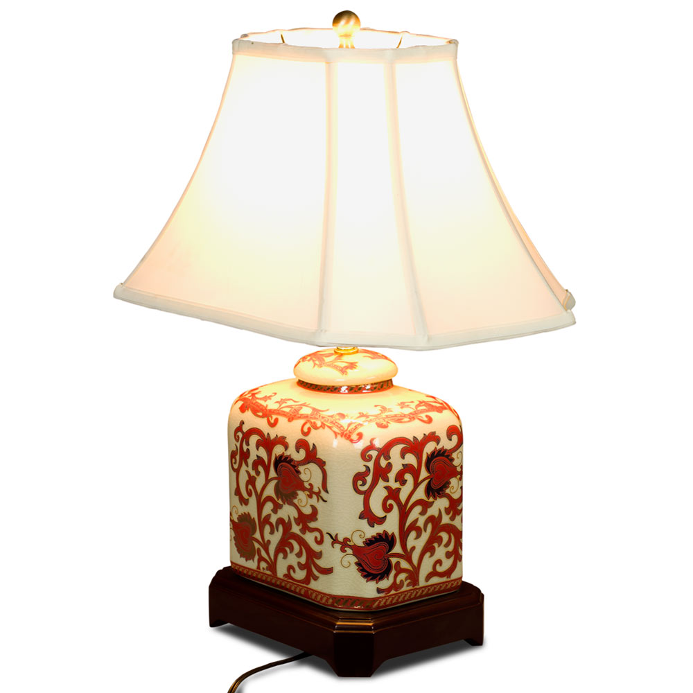 Red and Gold Floral Vine Motif Rectangular Asian Porcelain Jar Lamp