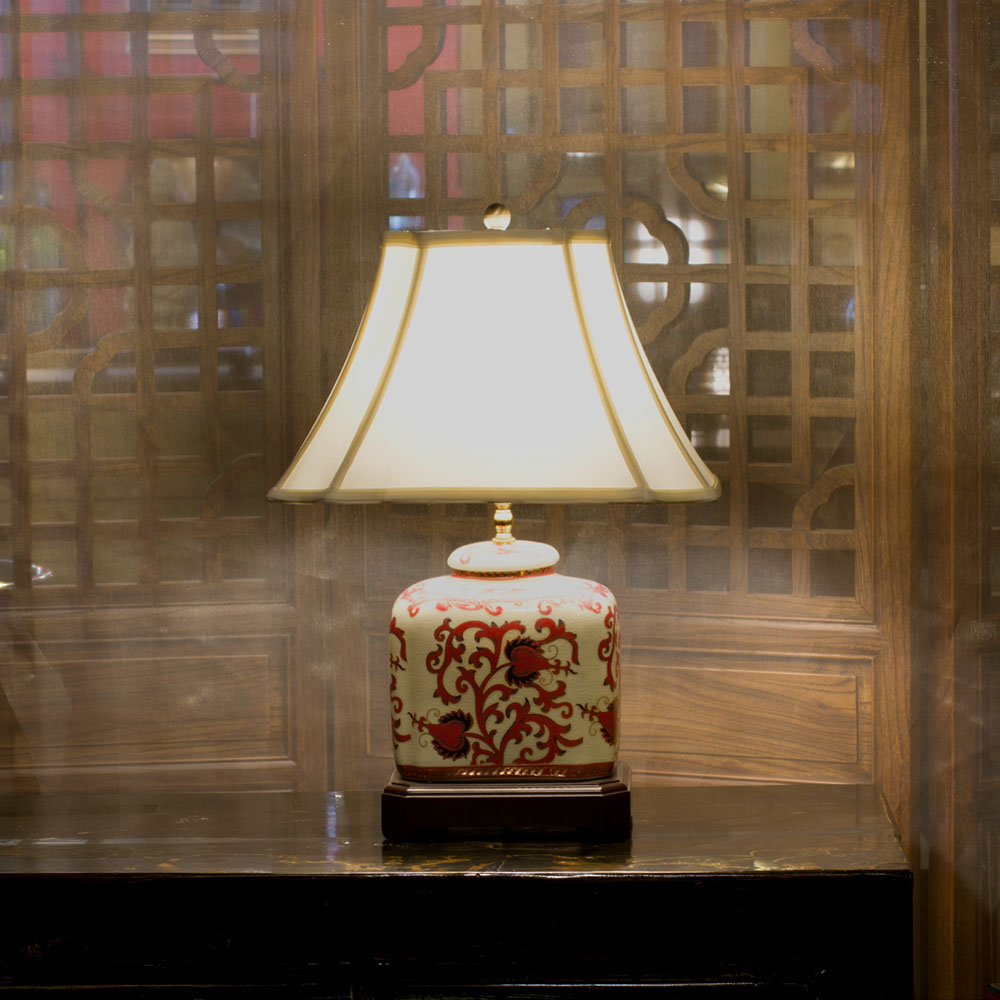 Red and Gold Floral Vine Motif Rectangular Asian Porcelain Jar Lamp