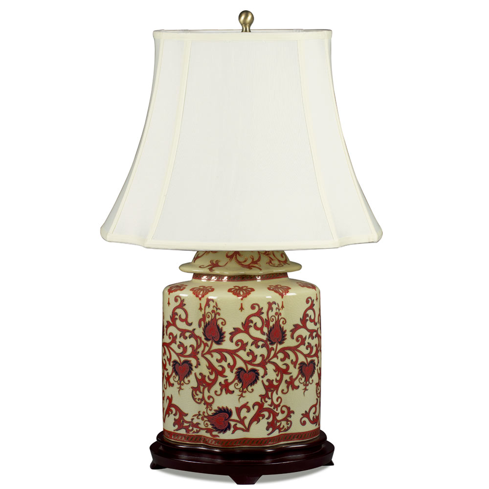 Red and Gold Floral Vine Motif Asian Porcelain Lamp