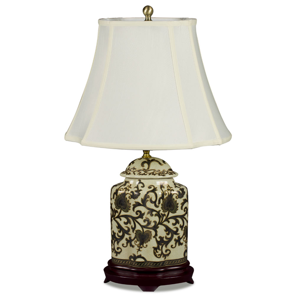Black and Gold Floral Vine Motif Asian Porcelain Lamp
